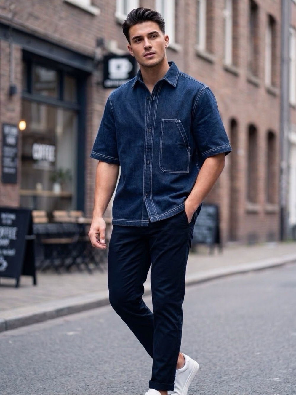 Zara / Men’s Dark Indigo Short-Sleeve Denim Button-Down Shirt - Sz. L - NWOT